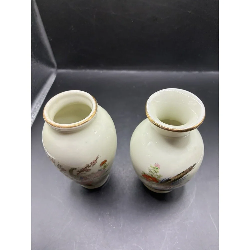 2 Vintage Mini Japanese Porcelain Vases. One With Peacock One with Pheasant,